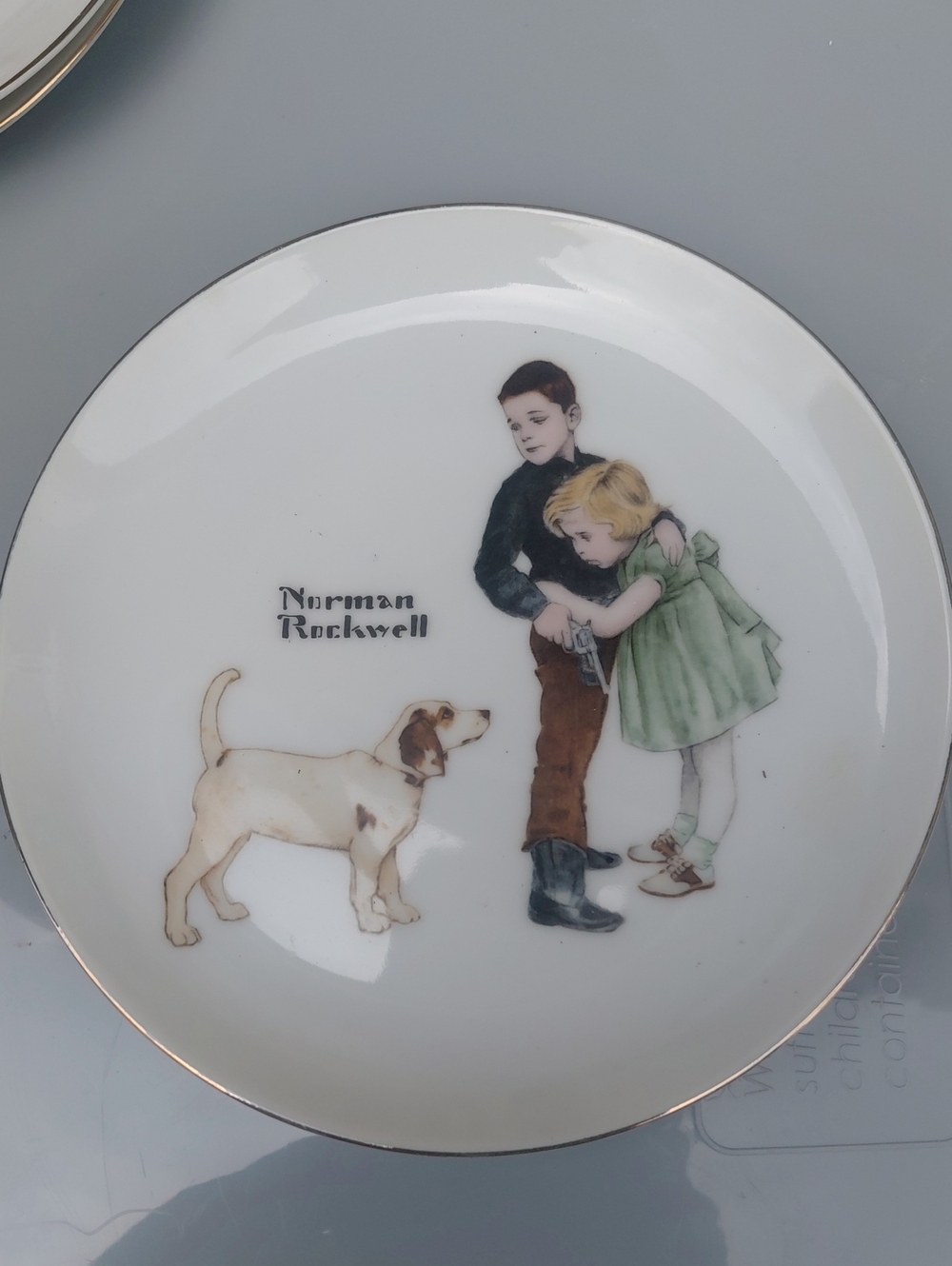Norman Rockwell White Porcelain Plate with Multicolor Illustration and Gold Rim